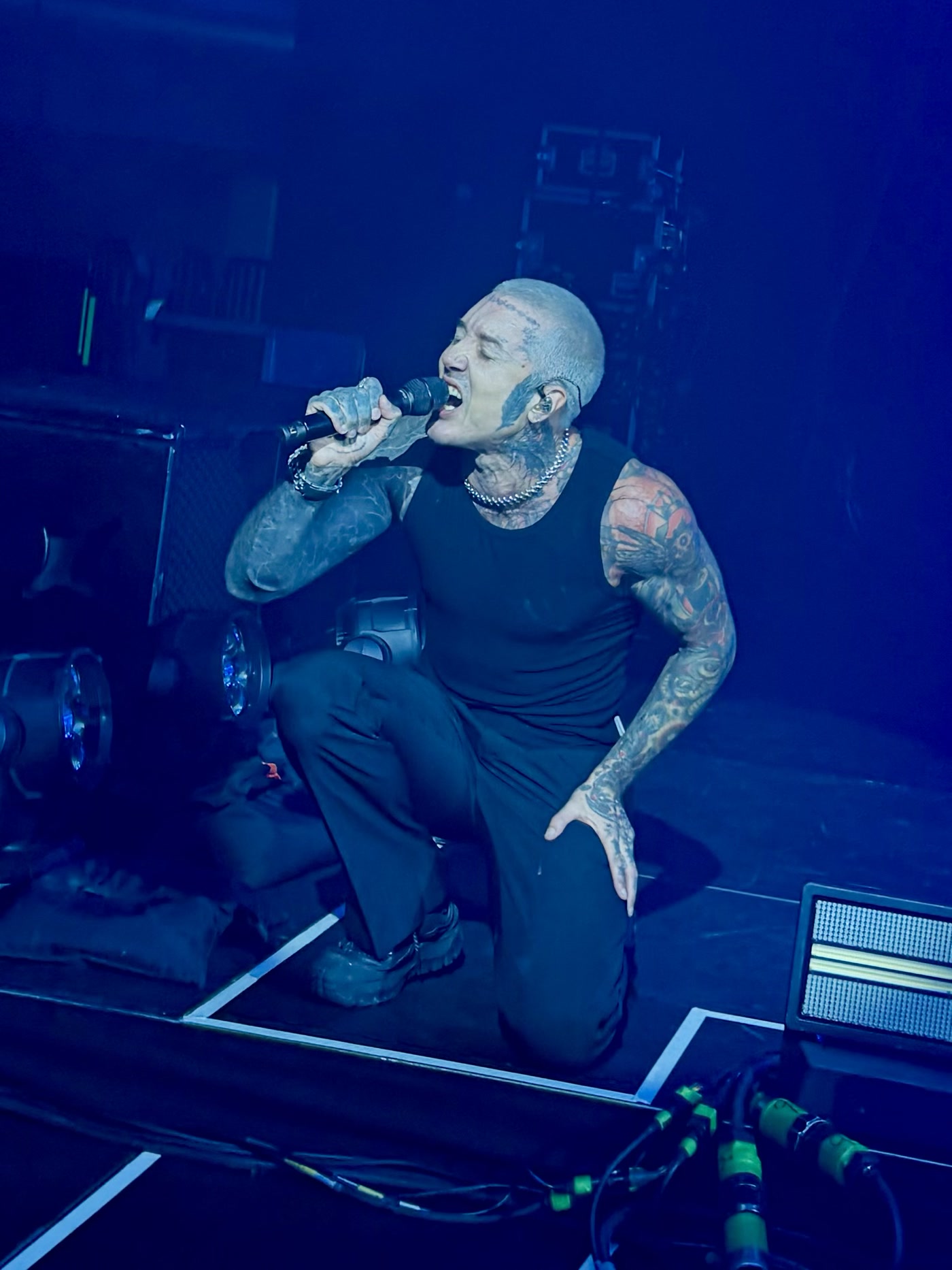 Oli Sykes working the Hollywood Palladium stage during Bring Me The Horizon's Los Angeles show