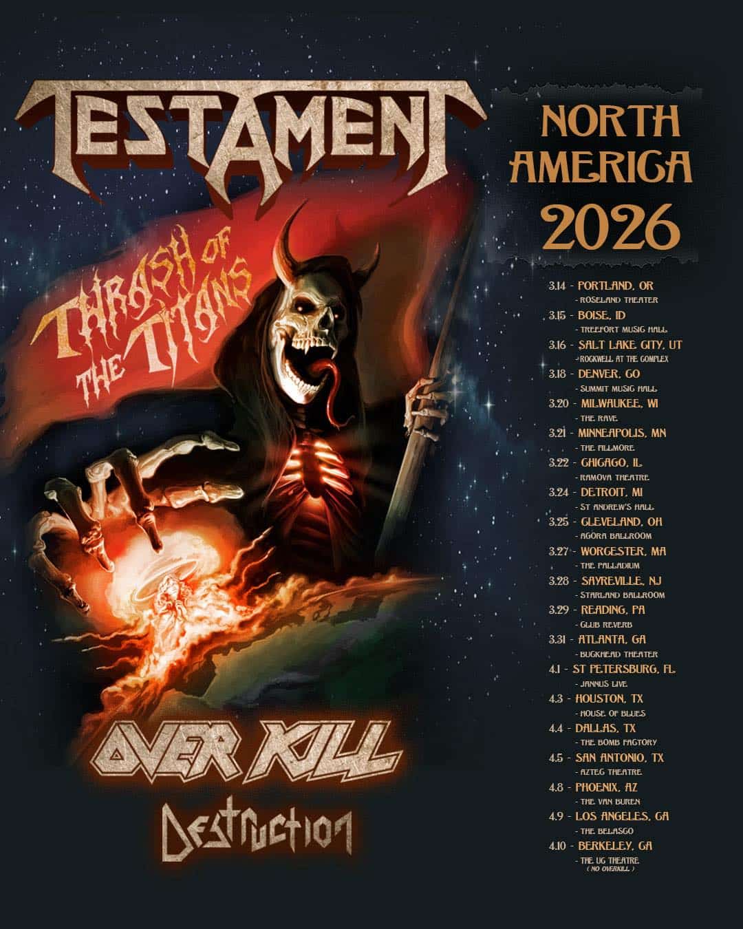 Thrash of the Titans 2026 — Testament, Overkill & Destruction USA tour