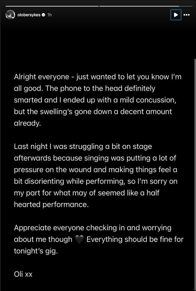 Oli Sykes Instagram story update after being hit by a phone at Bring Me The Horizon's St. Louis show