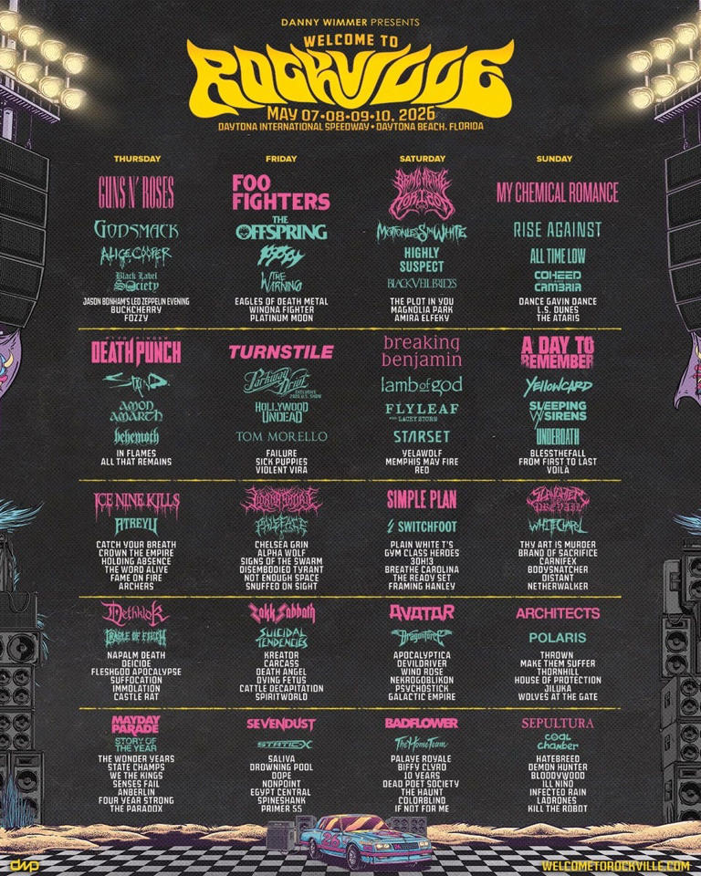 Welcome to Rockville 2026 lineup poster featuring major rock and metal headliners