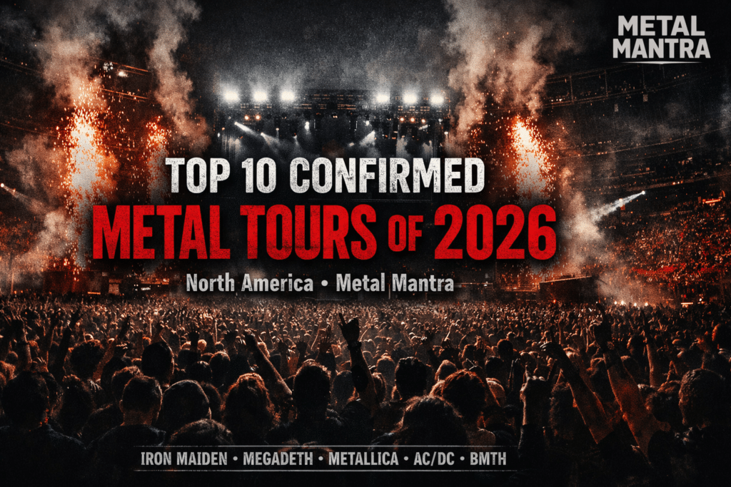 Massive heavy metal concert at night with a packed stadium crowd, pyro and sparks erupting around a brightly lit stage, promoting the top confirmed metal tours of 2026 in North America.