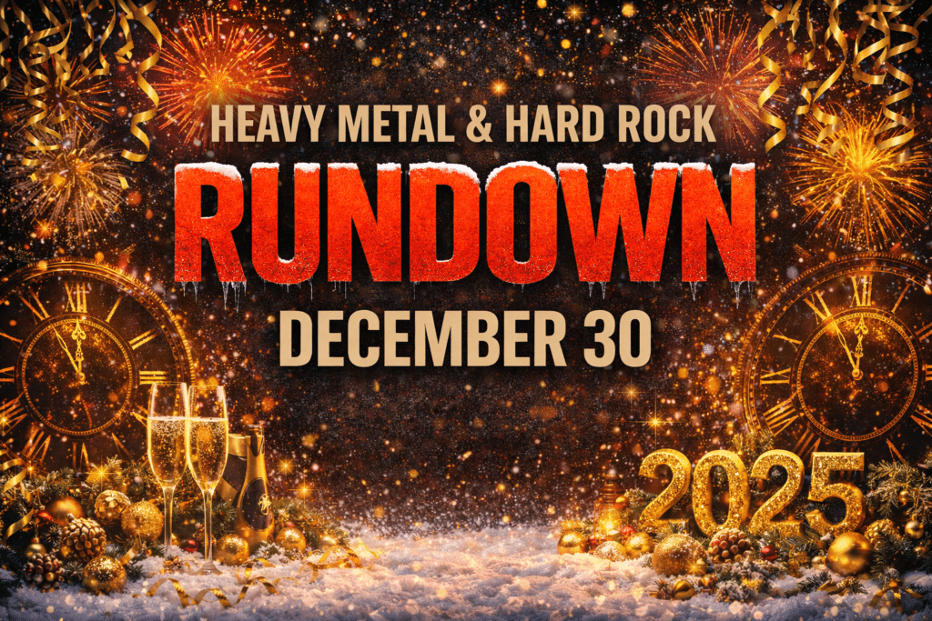Heavy Metal & Hard Rock Rundown graphic for December 30 featuring New Year’s Eve fireworks, champagne glasses, clocks nearing midnight, and festive gold decorations