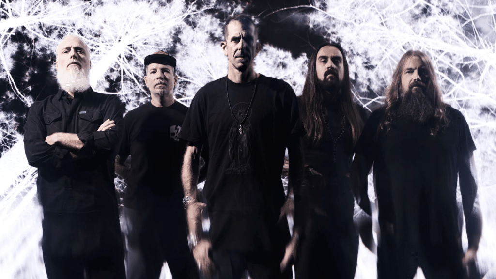The band Lamb of God standing in front of grey backdrop