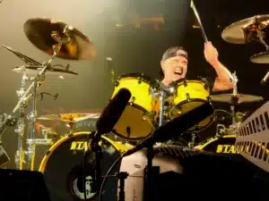 Lars Ulrich playing drums on Metallica’s M72 tour stop in Santa Clara, delivering a high-energy performance during the No Repeat Weekend at Levi’s Stadium.