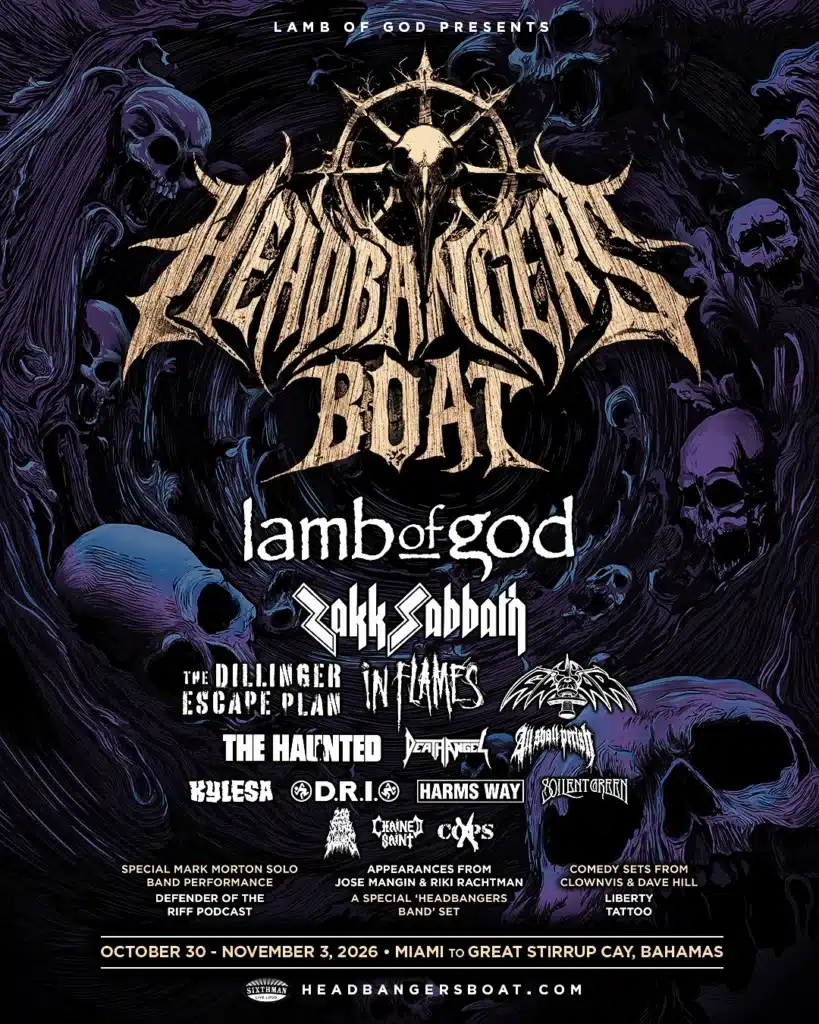 Headbangers Boat 2026 lineup poster featuring Lamb of God, Zakk Sabbath, The Dillinger Escape Plan, In Flames, GWAR, and more on a dark skull-themed background