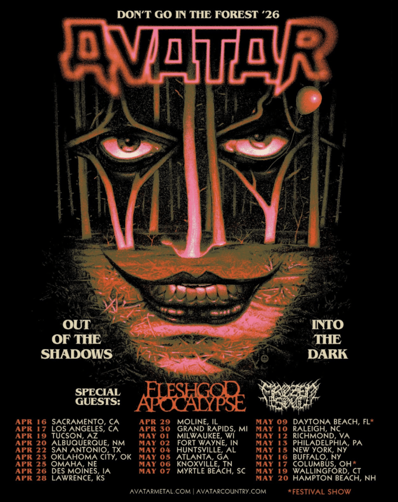 Poster artwork for Avatar’s Don’t Go In The Forest 2026 tour featuring a stylized face emerging from dark woods with tour dates and special guests listed.