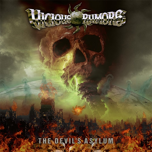 Album cover for Vicious Rumors’ The Devil’s Asylum featuring a flaming skull over a burning cityscape