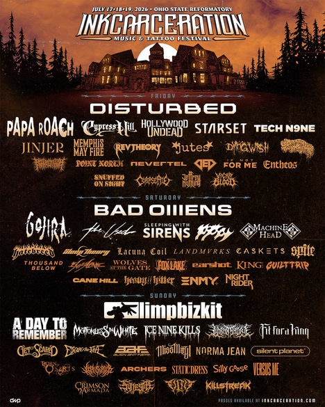 Inkcarceration 2026 music and tattoo festival lineup poster featuring Disturbed, Limp Bizkit, Bad Omens, Gojira, A Day To Remember, and more at Ohio State Reformatory
