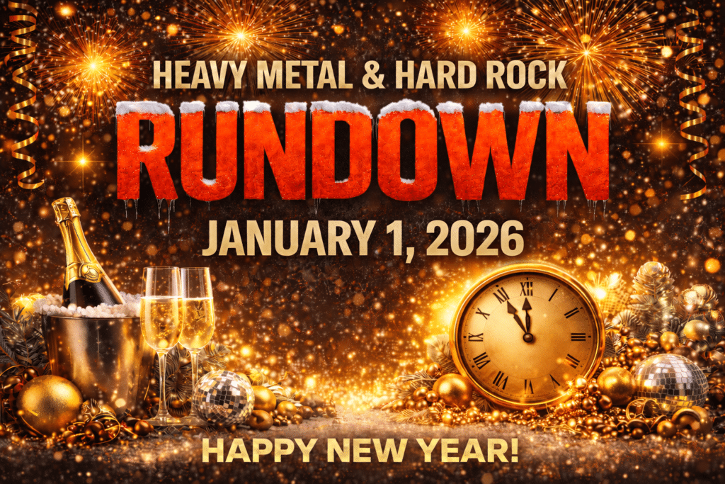Heavy Metal & Hard Rock Rundown graphic for January 1, 2026 featuring New Year’s fireworks, champagne glasses, festive gold decorations, and a celebratory New Year’s Day atmosphere
