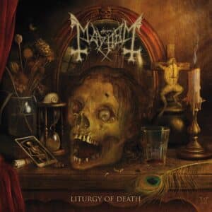 Mayhem Liturgy of Death album cover featuring skull, occult objects, and ritual imagery
