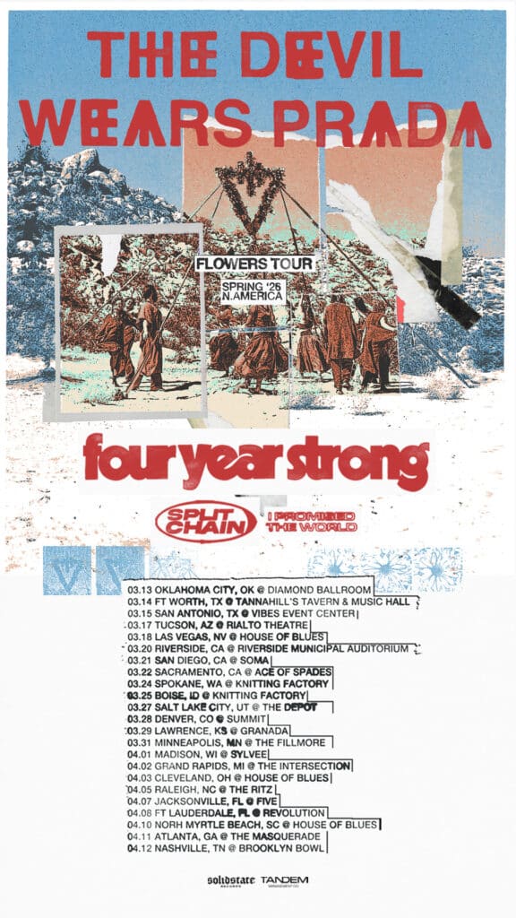 The Devil Wears Prada Flowers Tour Spring 2026 concert poster featuring collage-style artwork, tour dates, and support from Four Year Strong, Split Chain, and I Promised The World.